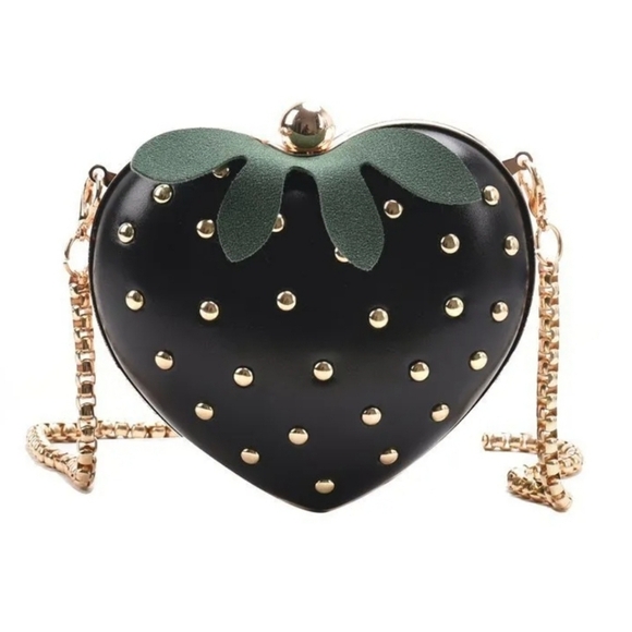 🔹️ Mini BLACK Heart Shaped novelty Bag, Strawberry Design Rivets Crossbody 🖤 - Picture 1 of 4